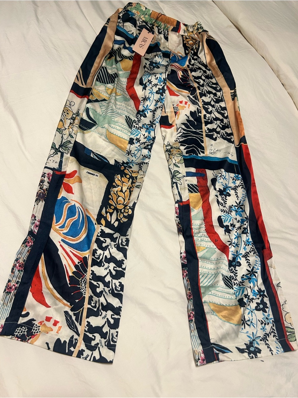 Wide Leg Printed Satin Pants - Multicolor